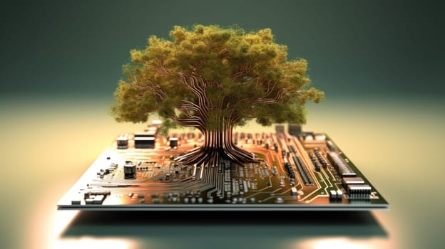 A beautiful large tree growing on the micro chip computer circuit board showing concept of digital business CSR and ethics ESG, waste management. Generative AI image weber.