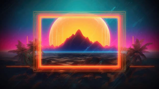 Glowing neon rectangle frame over abstract landscape. Generative AI image weber.