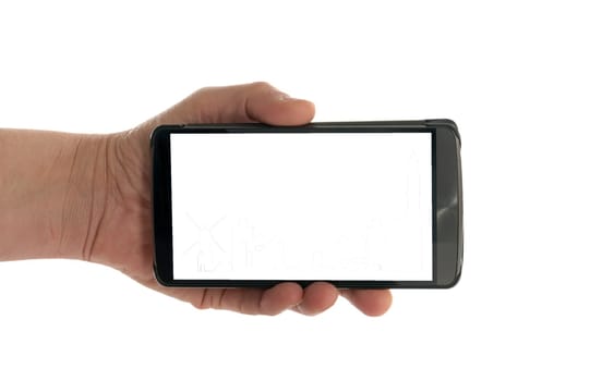 female hand with mobile phone isolated on white as mockup concept with space for photo