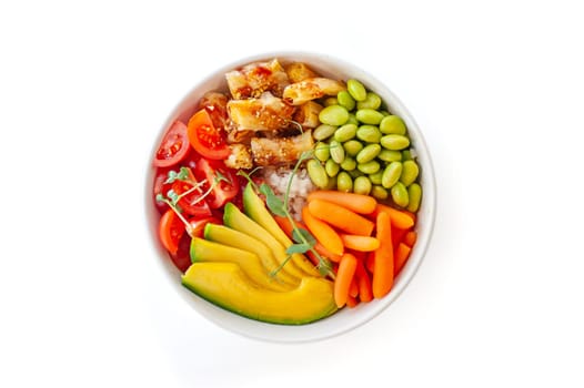 Vegetarian poke bowl with salmon isolated on white background. Top view. High quality photo