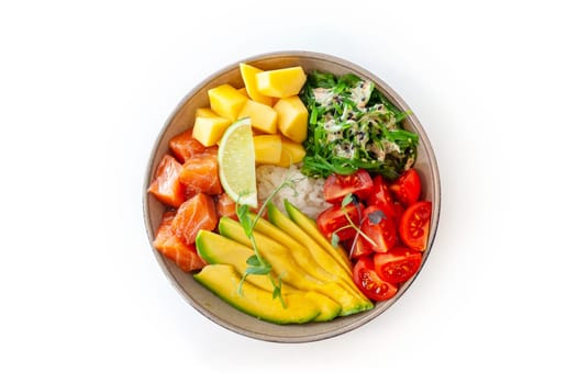 Poke bowl with salmon isolated on white background. Top view. High quality photo