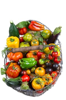Basket with vegetables (cabbage, carrots, cucumbers, radish and peppers) in the hands of a farmer background of nature Concept of biological, products,