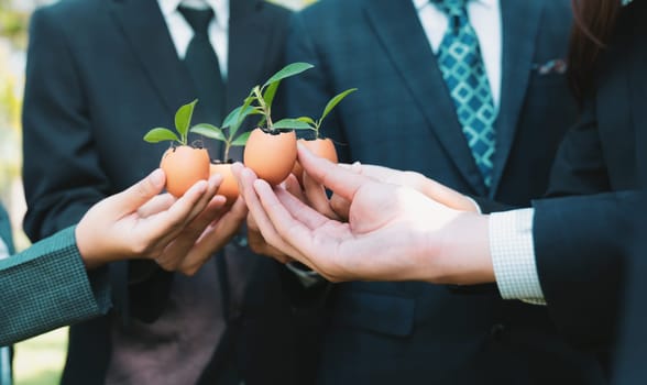 Group of business people holding repuposed eggshell transformed into fertilizer pot, symbolizing commitment to nurture and grow sprout or baby plant as part of a corporate reforestation project. Gyre