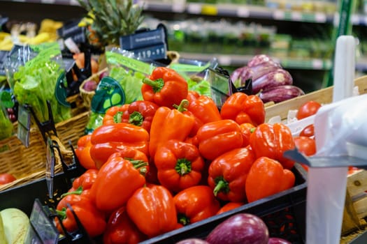 Red peppers at the gas station, in the grocery store, in the supermarket. Selective focus