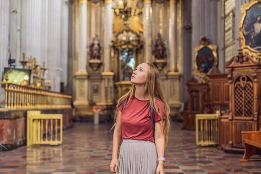 Woman tourist exploring the grandeur of Catedral de Puebla, Mexico. Captivating architecture, cultural heritage, and a historic travel experience in one of Mexico's iconic landmarks.