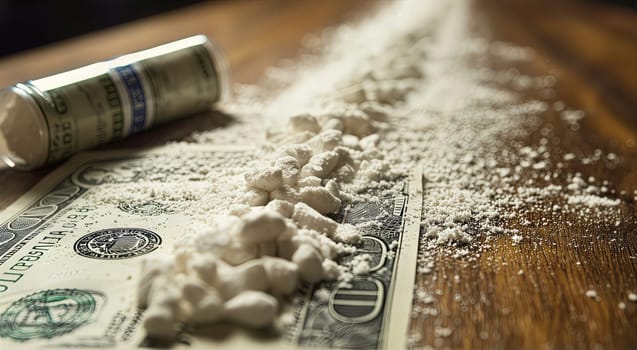 Close-up of scattered cocaine white powder and an open capsule or tube