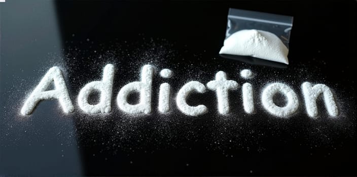 Addiction Concept with Powder Cocaine and Bag on Dark Background.
