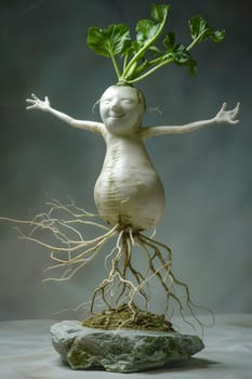 A plant sculpture resembling a radish with a face is displayed on a rock, arms outstretched like a statue. This art piece blends fiction and nature into a unique monument