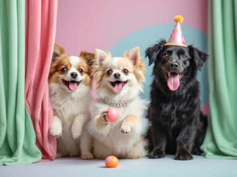 Two chihuahuas and a black dog wearing a party hat are posing in a studio with colorful background and curtains for a birthday party. Ai generated