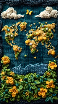 A creative arts piece featuring a knitted map of the world with intricate flowers, clouds, and shrubs. Each continent represented by a unique plant and petal design
