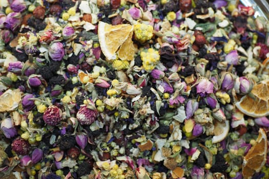Mixed dried frits and herbals tea.