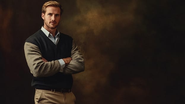Handsome English man model dressed up smart casual fashion style, exuding refined masculinity and timeless elegance idea