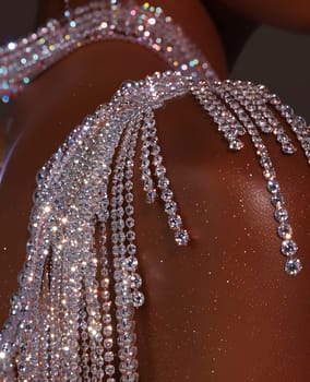 The back of the womans shoulder is adorned with intricate rhinestone body jewelry, adding a touch of glamour and sparkle to her ensemble. Perfect for a special event or bridal accessory