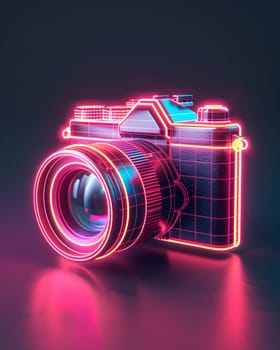A colorful and vibrant neon camera is glowing against a dark background