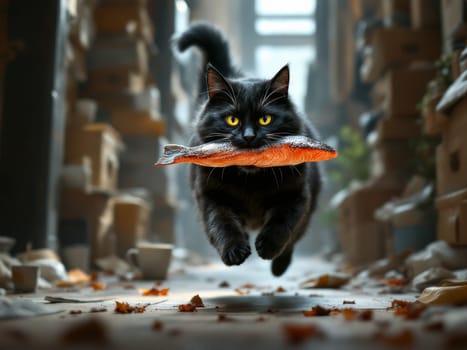 Black cat sprinting through an alley, proudly carrying a fresh salmon in its mouth, showcasing its playful yet stealthy nature. Ai generated