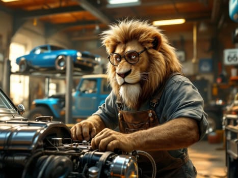 Anthropomorphic lion mechanic with glasses and overalls working on a car engine in a garage, with classic cars in the background. Ai generated