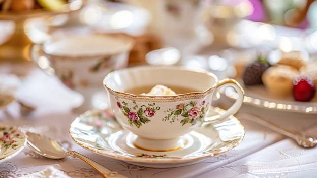 Elegant table setting for tea party with cakes and cupcakes in English manor. Selective focus. Vintage style