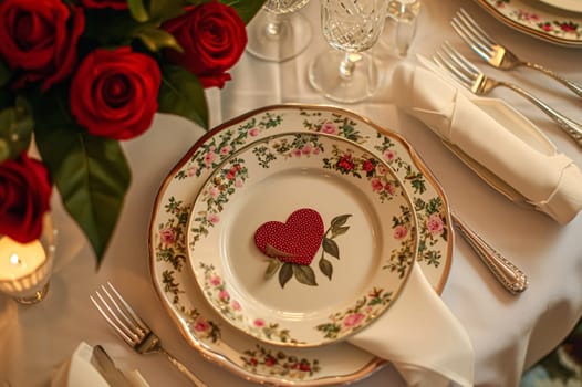 Festive table setting with candles and arrangement of beautiful red flowers. Holiday concept. High quality photo