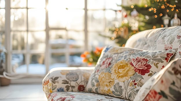 Colorful pillows on sofa against glass wall of window in a winter garden or conservatory. Interior textile concept. High quality photo