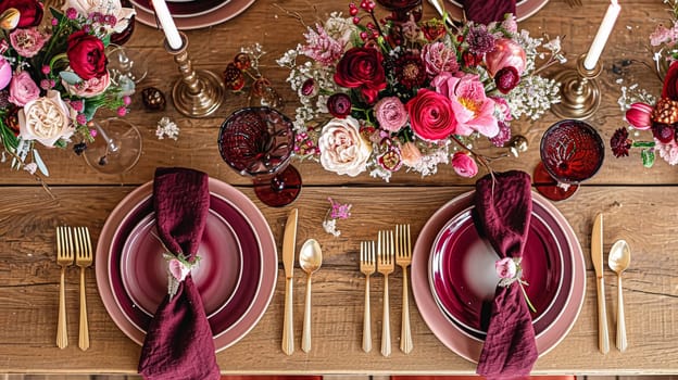 Festive table setting with candles and arrangement of beautiful red flowers. Holiday concept. High quality photo