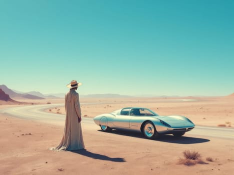 Young black man with hat and elegant robe standing next to a futuristic silver sports car in a desert road, admiring the landscape. Ai generated
