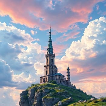 castle on the hill, sky clouds. High quality illustration