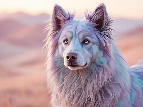 Beautiful purple and blue fantasy dog with long fur is depicted in a desert setting, creating a surreal and captivating scene. Ai generated