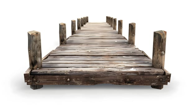 An antique wooden dock with weathered poles, set against a white background