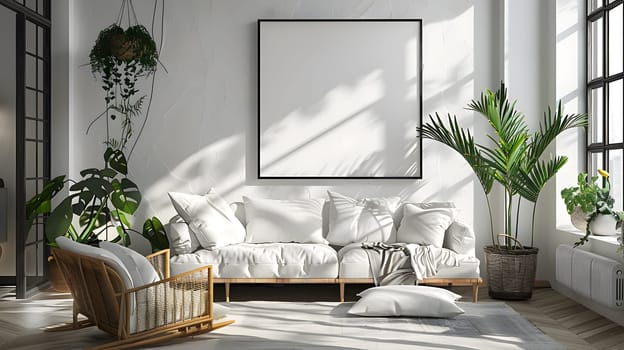 A cozy living room with a couch, chair, plants, and a picture frame on the wall creating a comfortable interior design in a house setting