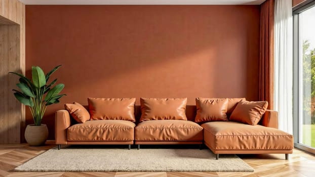 Modern living room with a rust-colored sofa and a house plant. Minimalistic interior design. Generated by artificial intelligence.