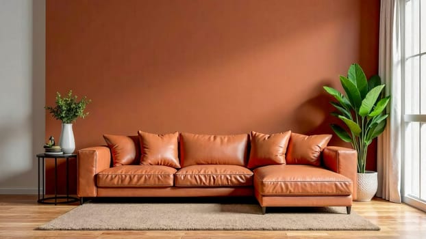 Modern living room with a rust-colored sofa and a house plant. Minimalistic interior design. Generated by artificial intelligence.