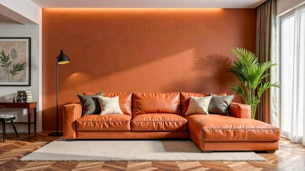 Modern living room with a rust-colored sofa and a house plant. Minimalistic interior design. Generated by artificial intelligence.