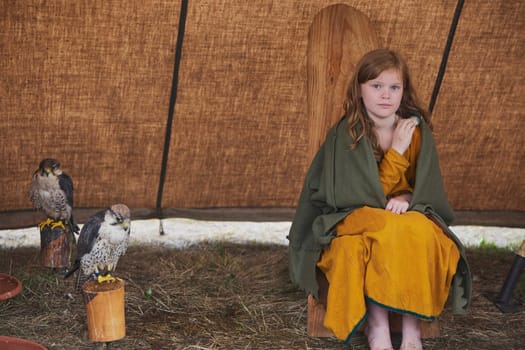 Hojbjerg, Denmark, July 27, 2024: Girl with a hawk at a Viking festival
