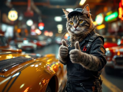 Funny cat dressed in a mechanic uniform giving a thumbs up while standing next to a vintage car inside a cozy garage setting. Ai generated