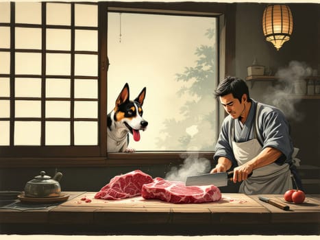 Japanese butcher cutting beef steak in traditional kitchen while dog watches from window, warm light from outside, illustration. Ai generated