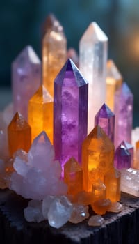 A stunning display of purple and orange crystals rises from a wooden base, reflecting light and creating an enchanting atmosphere - Generative AI