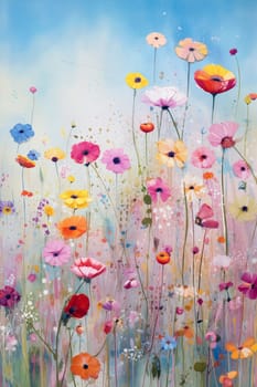 A lively display of various flowers in full bloom fills the field, showcasing bright hues against a serene blue background on a sunny day - Generative AI