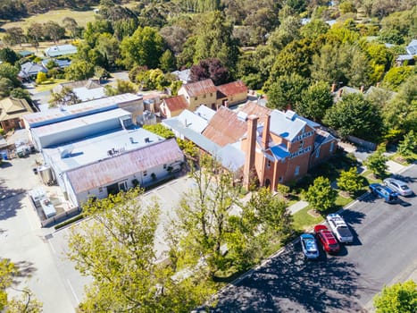 BEECHWORTH, AUSTRALIA - JANUARY 1 2025: Aerial view of Billson's Brewery in historic Beechworth town centre on a warm summer's day in Victoria, Australia on January 1st, 2025