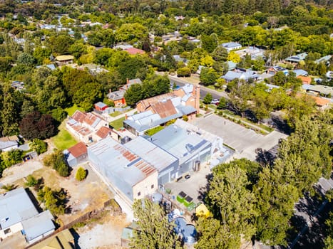 BEECHWORTH, AUSTRALIA - JANUARY 1 2025: Aerial view of Billson's Brewery in historic Beechworth town centre on a warm summer's day in Victoria, Australia on January 1st, 2025