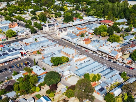 BEECHWORTH, AUSTRALIA - JANUARY 1 2025: Aerial view over historic Beechworth town centre on a warm summer's day in Victoria, Australia on January 1st, 2025