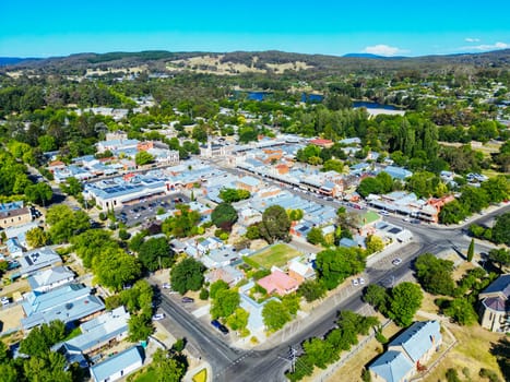 BEECHWORTH, AUSTRALIA - JANUARY 1 2025: Aerial view over historic Beechworth town centre on a warm summer's day in Victoria, Australia on January 1st, 2025