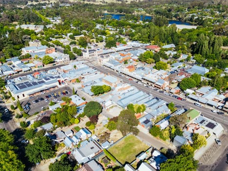 BEECHWORTH, AUSTRALIA - JANUARY 1 2025: Aerial view over historic Beechworth town centre on a warm summer's day in Victoria, Australia on January 1st, 2025