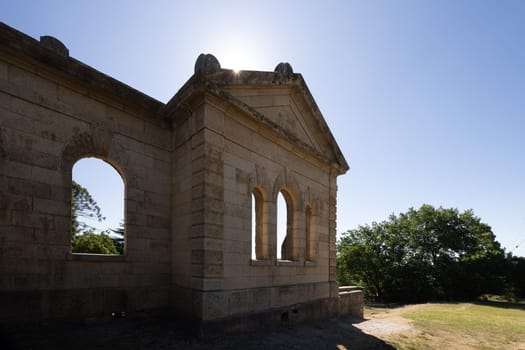 BEECHWORTH, AUSTRALIA - JANUARY 1 2025: Historic ruins of Ovens District Hospital on a warm summer's day in Victoria, Australia on January 1st, 2025