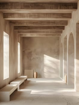 The building features a long hallway with hardwood flooring, concrete benches, and large windows. The rectangular space is filled with natural light, creating a pleasant atmosphere
