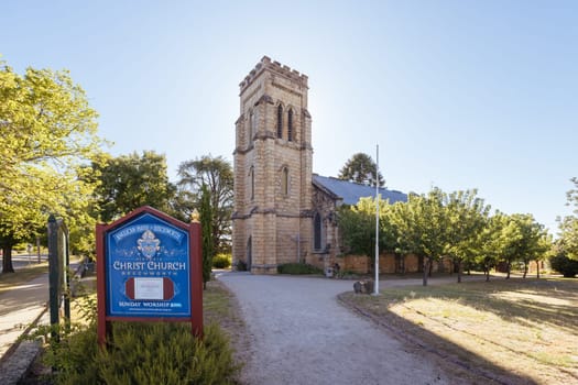BEECHWORTH, AUSTRALIA - JANUARY 1 2025: Beechworth Anglican Christ Church on a warm summer's day in Victoria, Australia on January 1st, 2025