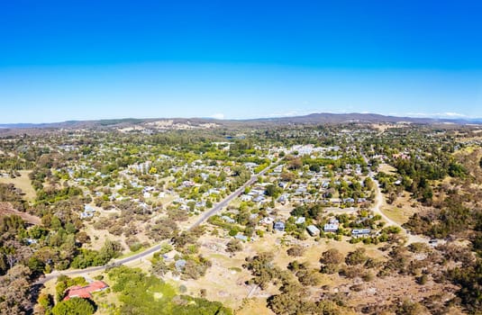 BEECHWORTH, AUSTRALIA - JANUARY 1 2025: Aerial view over historic Beechworth town centre on a warm summer's day in Victoria, Australia on January 1st, 2025