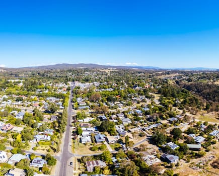 BEECHWORTH, AUSTRALIA - JANUARY 1 2025: Aerial view over historic Beechworth town centre on a warm summer's day in Victoria, Australia on January 1st, 2025