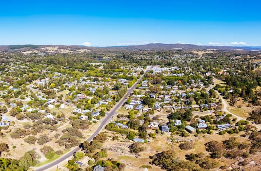 BEECHWORTH, AUSTRALIA - JANUARY 1 2025: Aerial view over historic Beechworth town centre on a warm summer's day in Victoria, Australia on January 1st, 2025