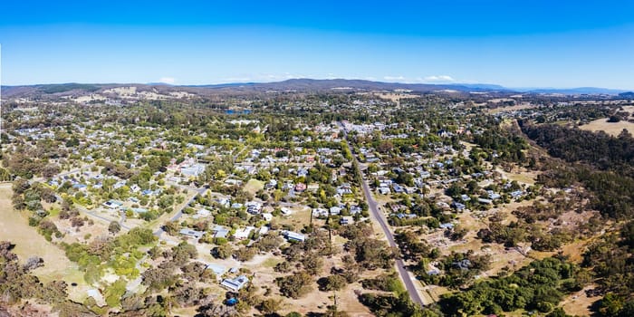 BEECHWORTH, AUSTRALIA - JANUARY 1 2025: Aerial view over historic Beechworth town centre on a warm summer's day in Victoria, Australia on January 1st, 2025