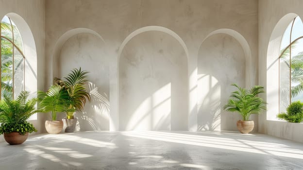 This bright, minimalistic space has arched windows and lush plants, creating a truly tranquil atmosphere